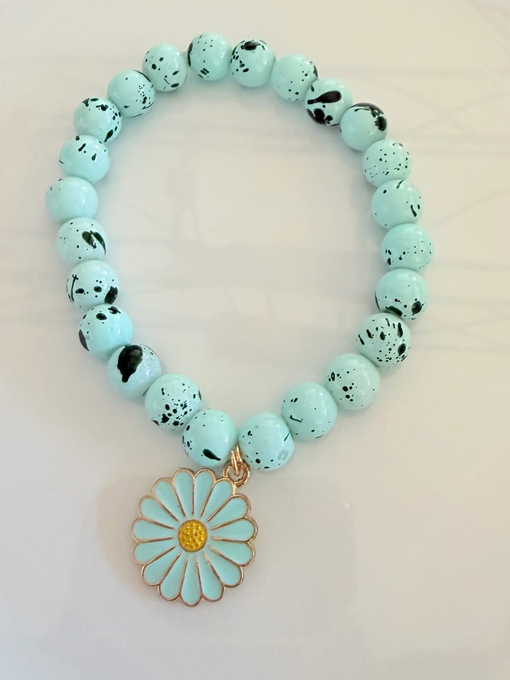 Daisy Charm Aqua Beaded Stretch Bracelet Handmade Floral Jewelry